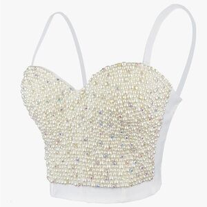 Pearl Beaded Rhinestone Bustier Push-up Corset Top with Detachable Strap